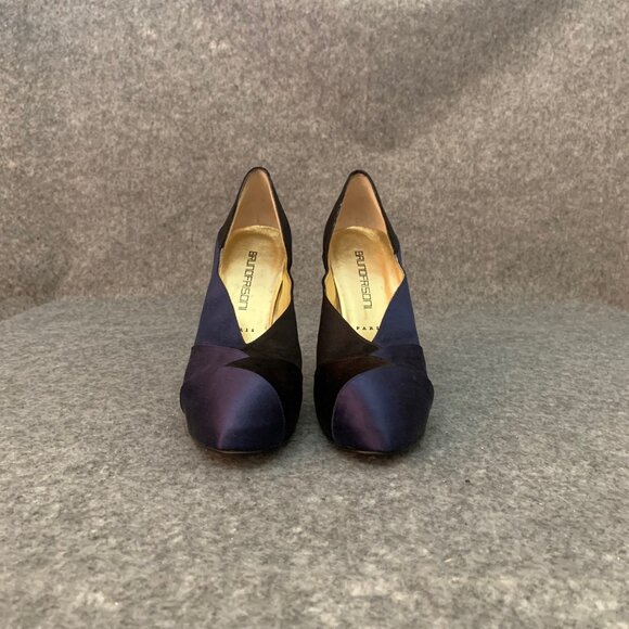 Bruno Frisoni Paris Women’s Blue and Black Satin Heel Leather Sole Pump Shoes - Picture 6 of 11